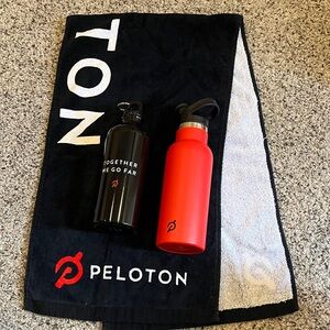 Peloton Black Towel with Red and Black Bottles